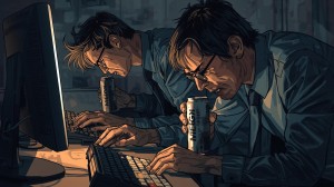 姿勢の悪い人　仕事毎日残業　エナジードリンク一杯飲んで　目が血走る